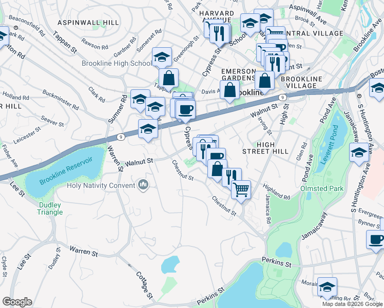 map of restaurants, bars, coffee shops, grocery stores, and more near 284 Walnut Street in Brookline