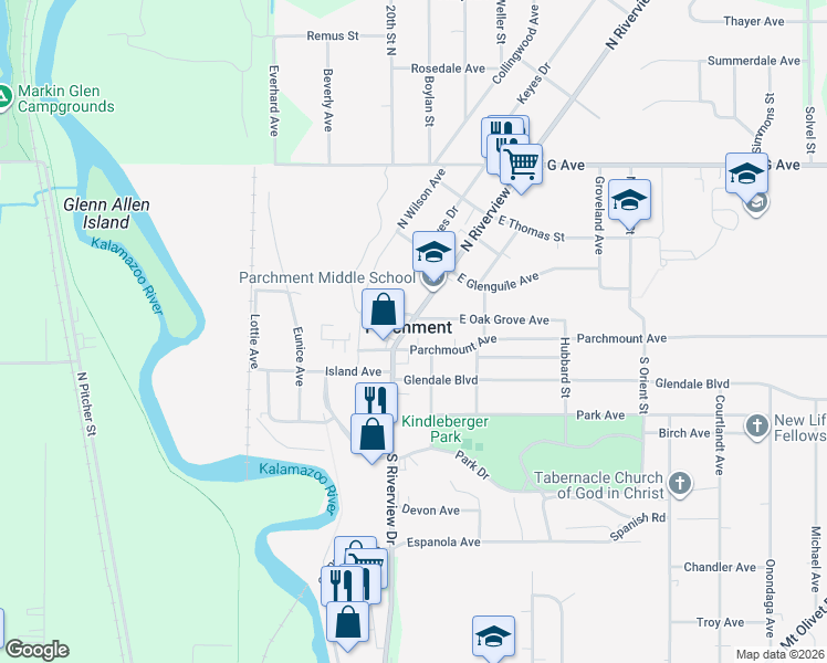 map of restaurants, bars, coffee shops, grocery stores, and more near in Parchment
