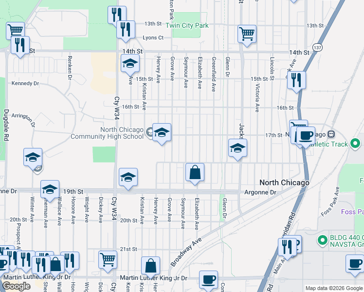 map of restaurants, bars, coffee shops, grocery stores, and more near 1703 Grove Avenue in North Chicago