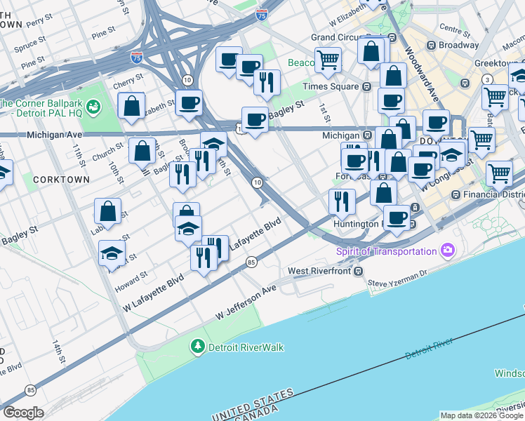 map of restaurants, bars, coffee shops, grocery stores, and more near 1001 Howard Street in Detroit