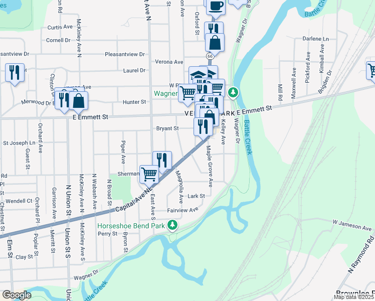 map of restaurants, bars, coffee shops, grocery stores, and more near 683 Capital Avenue Northeast in Battle Creek