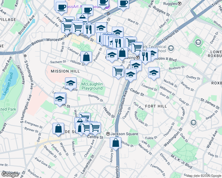 map of restaurants, bars, coffee shops, grocery stores, and more near Parker St & Parker Hill Ave in Boston