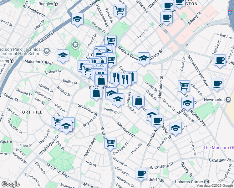 map of restaurants, bars, coffee shops, grocery stores, and more near 221 Dudley Street in Boston