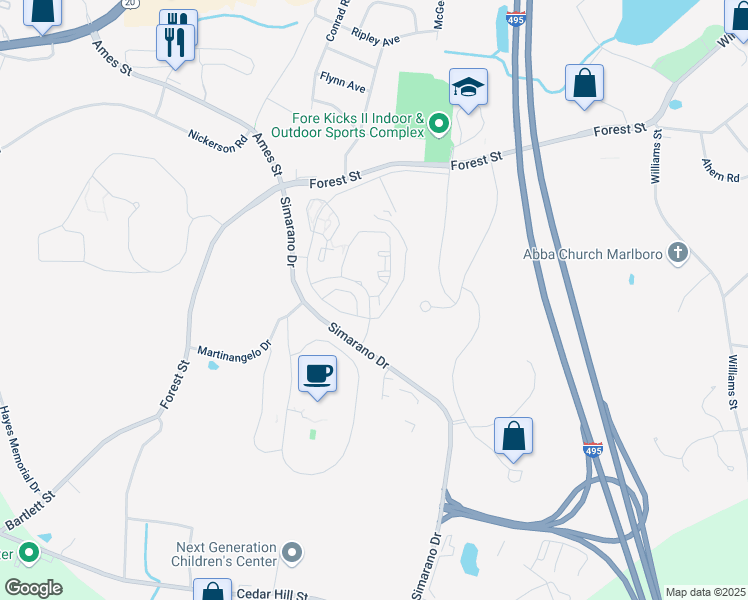 map of restaurants, bars, coffee shops, grocery stores, and more near 207 Bay Drive in Marlborough