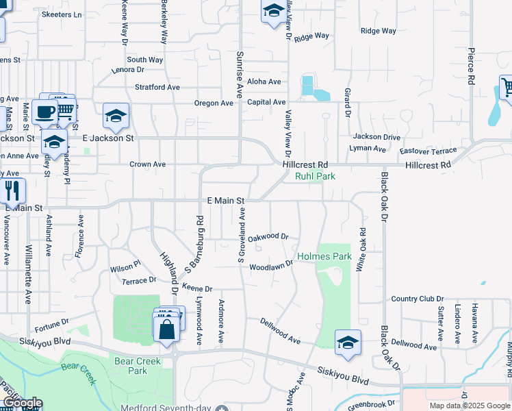 map of restaurants, bars, coffee shops, grocery stores, and more near 2015 East Main Street in Medford