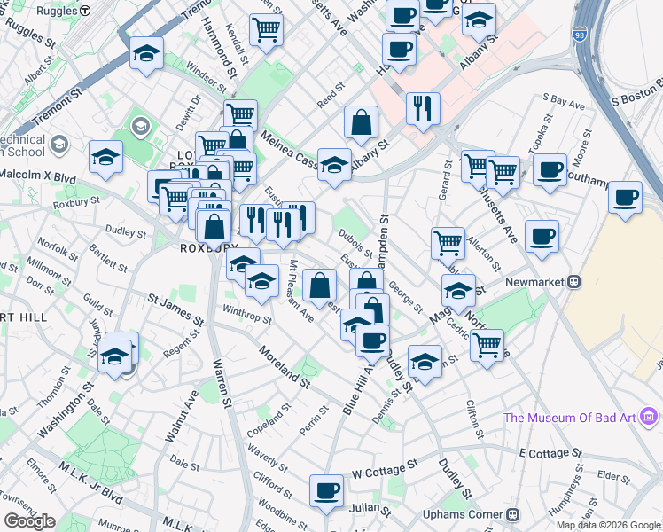 map of restaurants, bars, coffee shops, grocery stores, and more near 159 Eustis Street in Boston