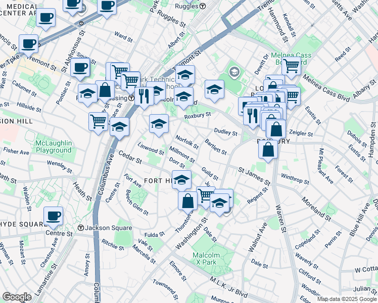map of restaurants, bars, coffee shops, grocery stores, and more near 20 Lambert Street in Boston