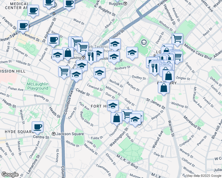 map of restaurants, bars, coffee shops, grocery stores, and more near 20 Lambert Street in Boston