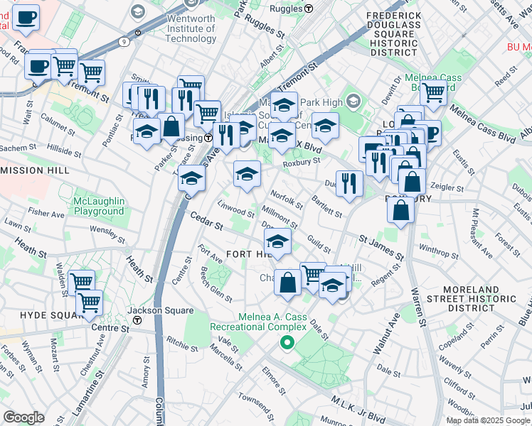 map of restaurants, bars, coffee shops, grocery stores, and more near 6 Alvah Kittredge Park in Boston