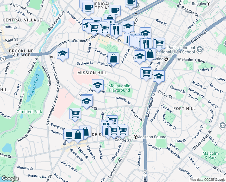 map of restaurants, bars, coffee shops, grocery stores, and more near 243 Parker Hill Avenue in Boston