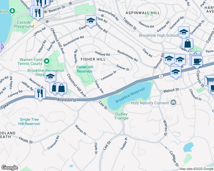 map of restaurants, bars, coffee shops, grocery stores, and more near 33 Leicester Street in Brookline