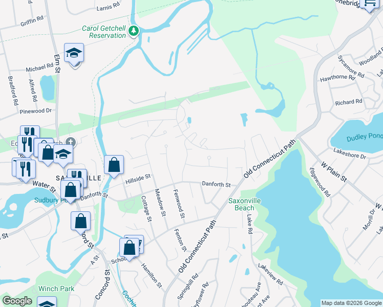 map of restaurants, bars, coffee shops, grocery stores, and more near 50 Riverpath Drive in Framingham