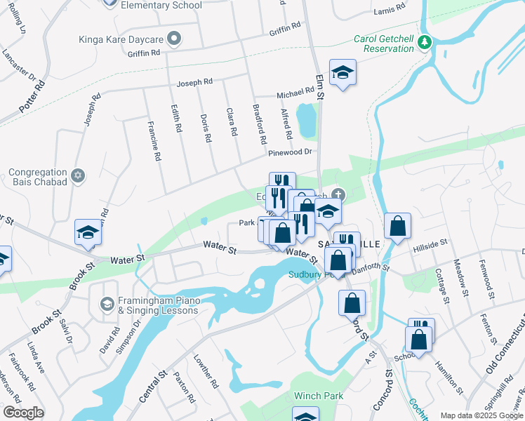 map of restaurants, bars, coffee shops, grocery stores, and more near 67 Nicholas Road in Framingham