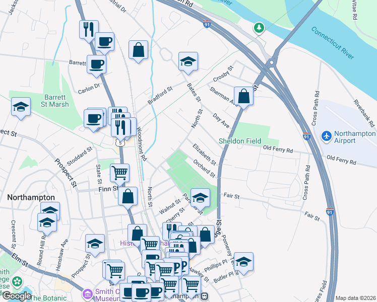 map of restaurants, bars, coffee shops, grocery stores, and more near 174 North St in Northampton