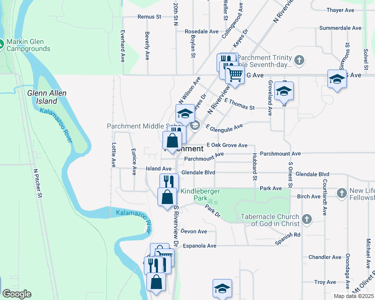 map of restaurants, bars, coffee shops, grocery stores, and more near in Parchment