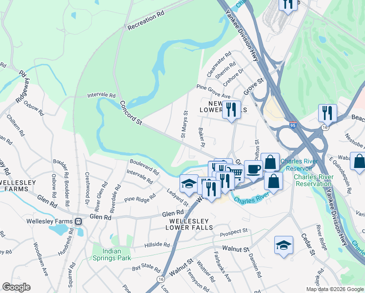 map of restaurants, bars, coffee shops, grocery stores, and more near 122 Concord Street in Newton