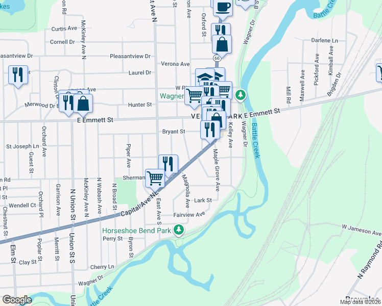 map of restaurants, bars, coffee shops, grocery stores, and more near 36 Sanderson Street in Battle Creek