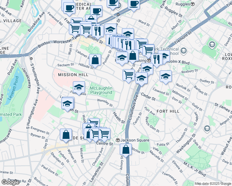 map of restaurants, bars, coffee shops, grocery stores, and more near 228 Calumet Street in Boston