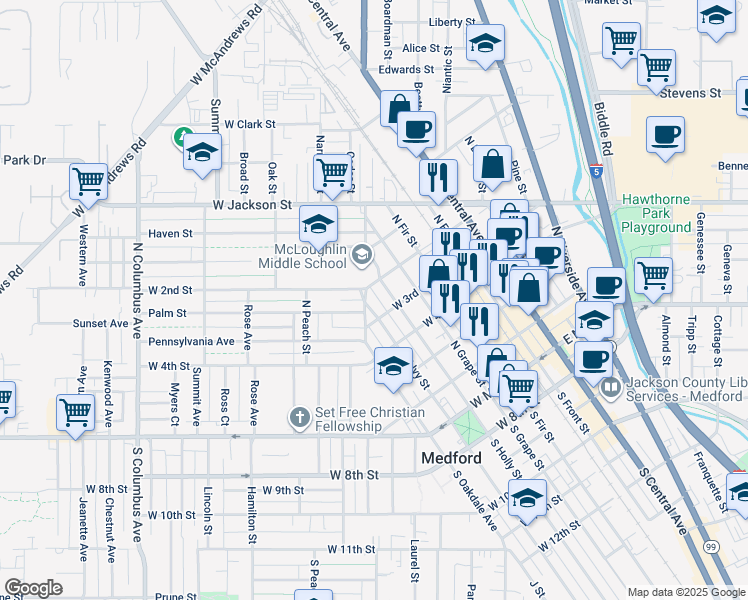 map of restaurants, bars, coffee shops, grocery stores, and more near 412 North Ivy Street in Medford