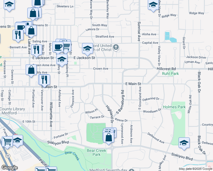 map of restaurants, bars, coffee shops, grocery stores, and more near 1715 East Main Street in Medford