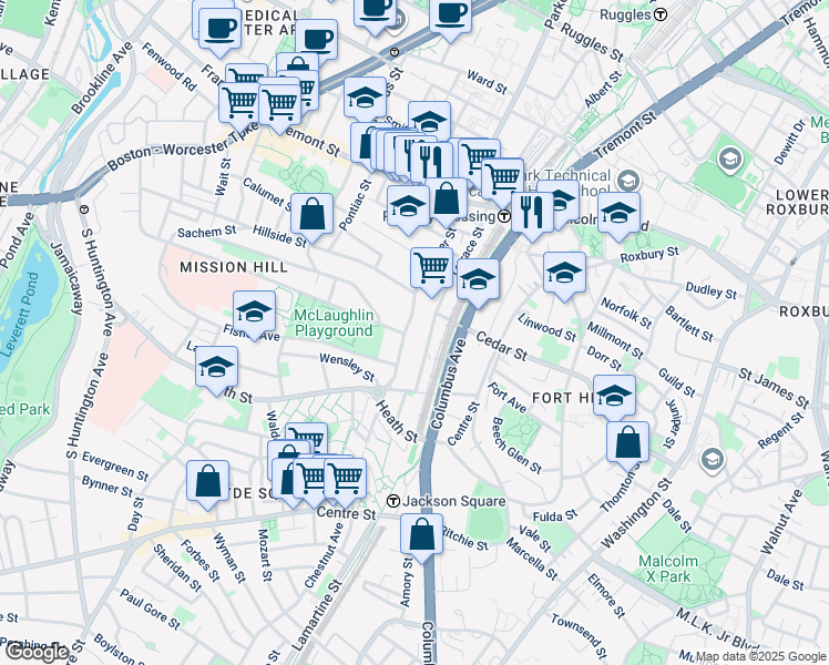 map of restaurants, bars, coffee shops, grocery stores, and more near 111 Terrace Street in Boston
