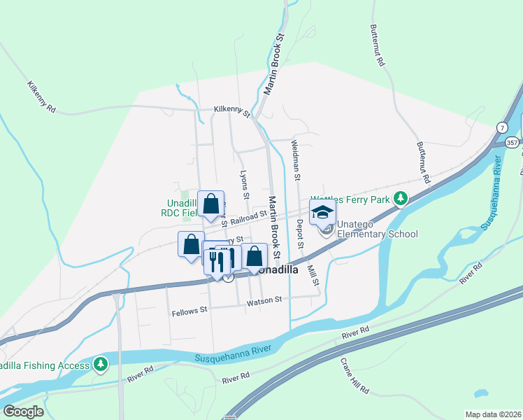 map of restaurants, bars, coffee shops, grocery stores, and more near 35 Railroad Street in Unadilla