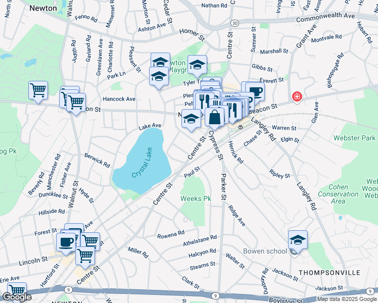 map of restaurants, bars, coffee shops, grocery stores, and more near 14 Trowbridge Street in Newton