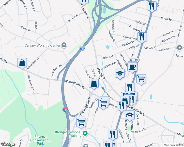 map of restaurants, bars, coffee shops, grocery stores, and more near 22 Doris Street in Worcester