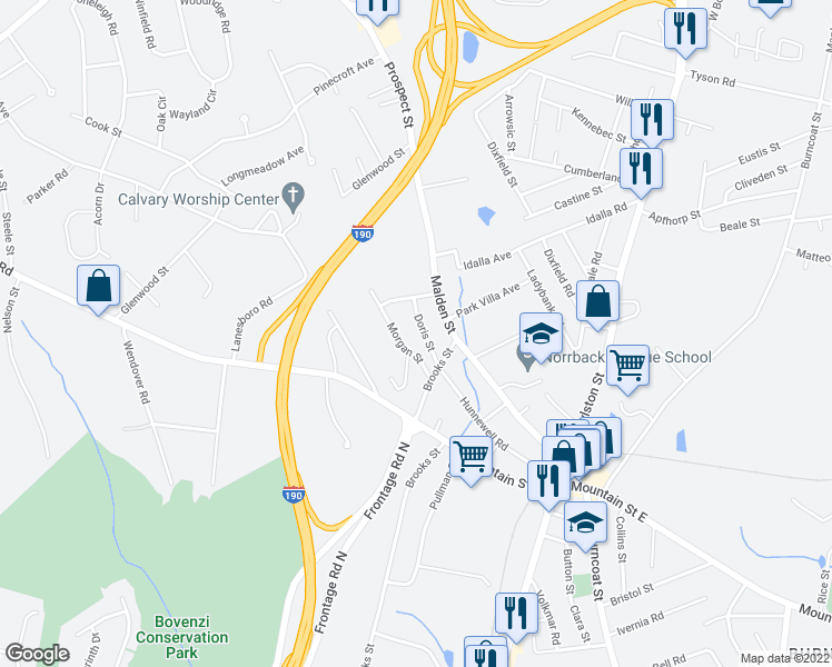 map of restaurants, bars, coffee shops, grocery stores, and more near 17 Doris Street in Worcester