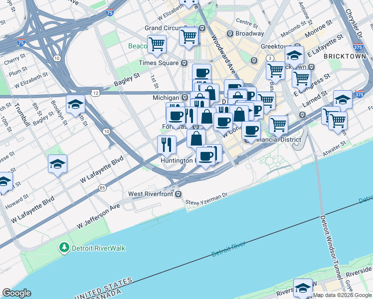 map of restaurants, bars, coffee shops, grocery stores, and more near 621 1st St in Detroit