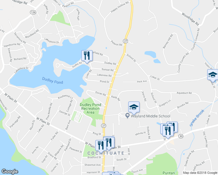 map of restaurants, bars, coffee shops, grocery stores, and more near 246 Main Street in Wayland