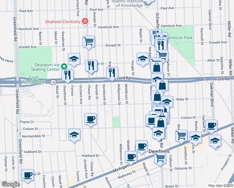 map of restaurants, bars, coffee shops, grocery stores, and more near 5510 Argyle Street in Dearborn