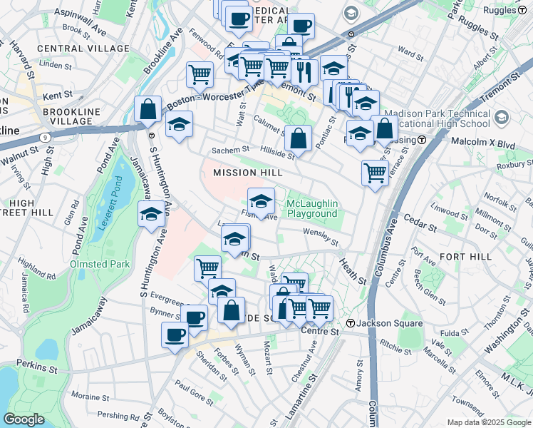 map of restaurants, bars, coffee shops, grocery stores, and more near 107 Fisher Avenue in Boston