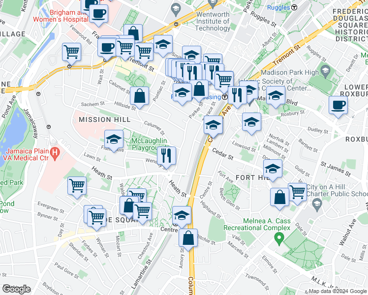 map of restaurants, bars, coffee shops, grocery stores, and more near 814 Parker Street in Boston