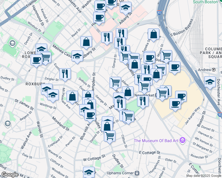 map of restaurants, bars, coffee shops, grocery stores, and more near 51-55 Kemble Street in Boston