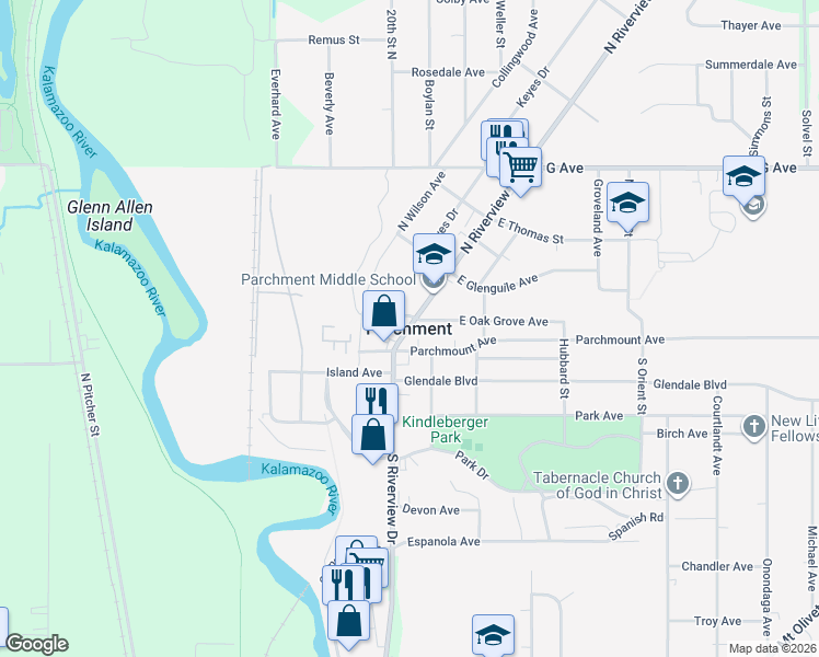map of restaurants, bars, coffee shops, grocery stores, and more near in Parchment