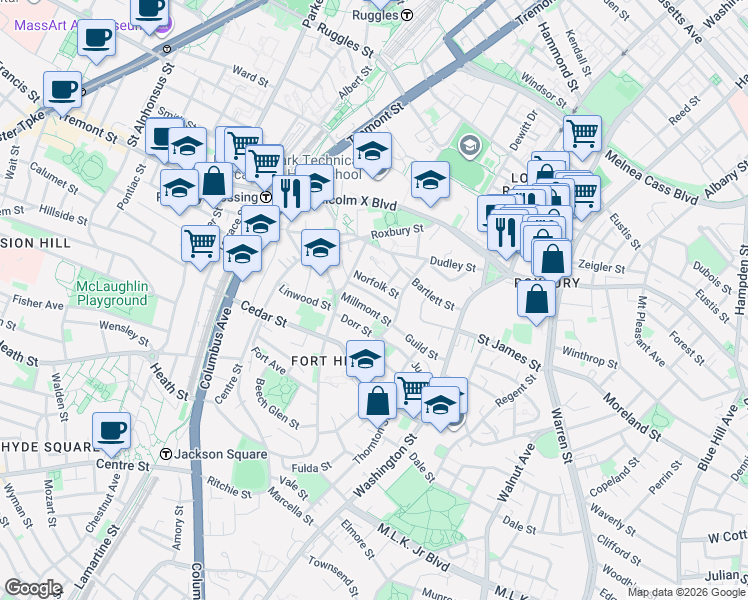 map of restaurants, bars, coffee shops, grocery stores, and more near 29 Lambert Street in Boston