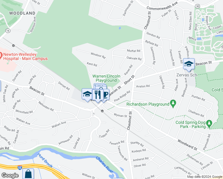 map of restaurants, bars, coffee shops, grocery stores, and more near 1585 Beacon Street in Newton