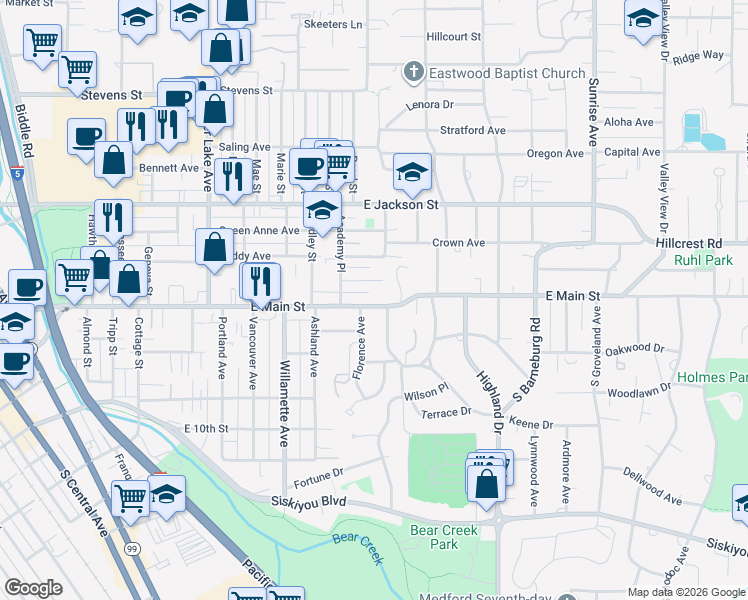 map of restaurants, bars, coffee shops, grocery stores, and more near 1442 Euclid Avenue in Medford