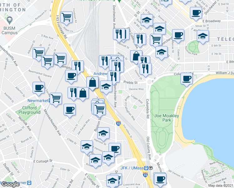 map of restaurants, bars, coffee shops, grocery stores, and more near 626 Dorchester Avenue in Boston