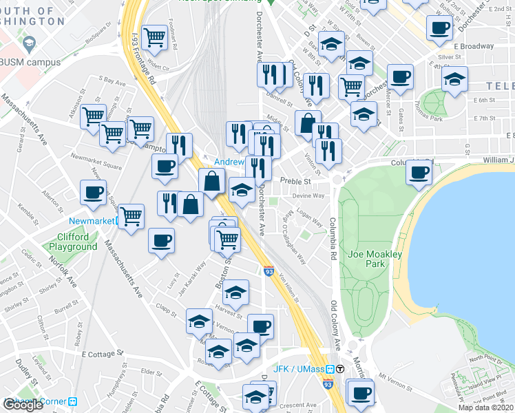 map of restaurants, bars, coffee shops, grocery stores, and more near 626 Dorchester Avenue in Boston