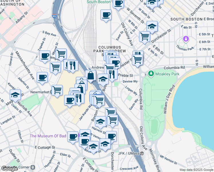 map of restaurants, bars, coffee shops, grocery stores, and more near 27-33 Boston Street in Boston