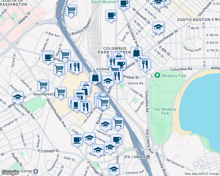 map of restaurants, bars, coffee shops, grocery stores, and more near 27-33 Boston Street in Boston