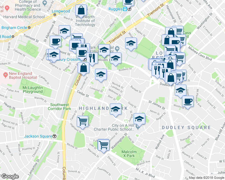 map of restaurants, bars, coffee shops, grocery stores, and more near 20 Lambert Street in Boston