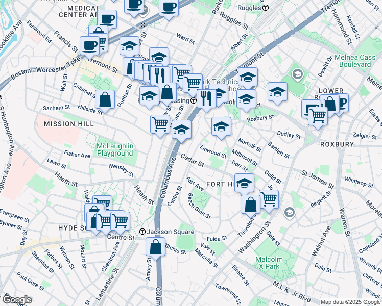 map of restaurants, bars, coffee shops, grocery stores, and more near 85 Centre Street in Boston