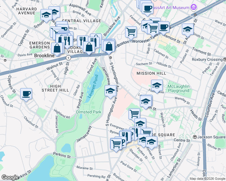 map of restaurants, bars, coffee shops, grocery stores, and more near 125 South Huntington Avenue in Boston