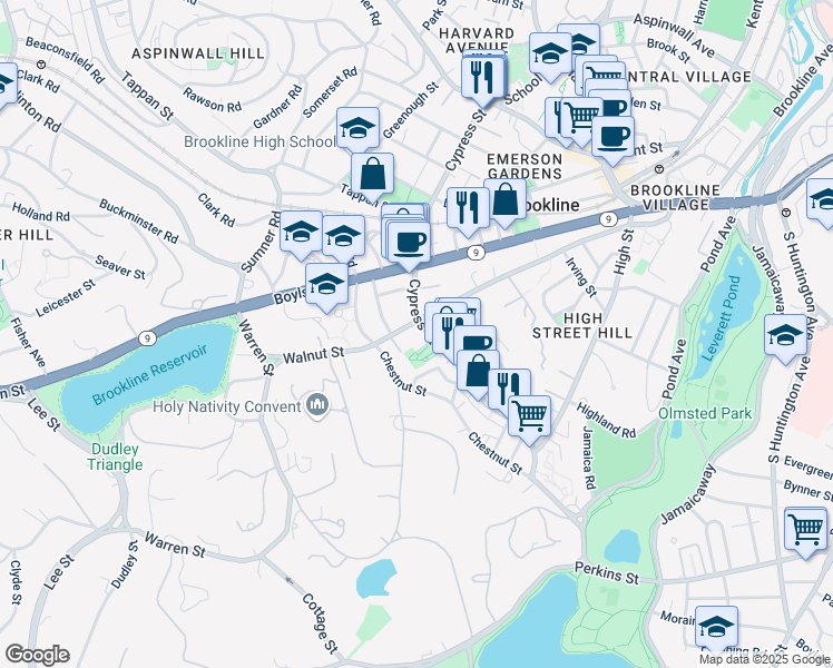 map of restaurants, bars, coffee shops, grocery stores, and more near 284 Walnut Street in Brookline