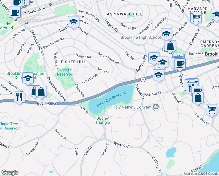 map of restaurants, bars, coffee shops, grocery stores, and more near 559 Boylston Street in Brookline
