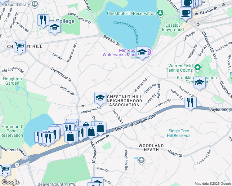 map of restaurants, bars, coffee shops, grocery stores, and more near 138 Middlesex Road in Newton