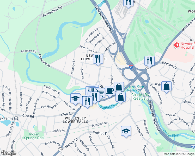 map of restaurants, bars, coffee shops, grocery stores, and more near 599 Grove Street in Newton